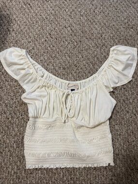 Universal Thread Cream Smocked Crop Top with Ruffle Sleeves